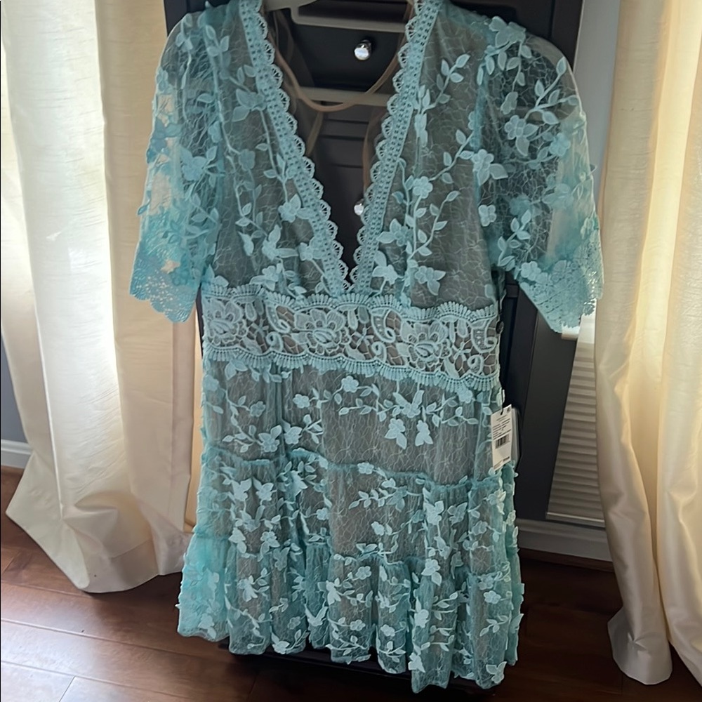 Adrianna Papell Green Lace Short Sleeve Dress